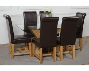 Valencia 160 cm x 90 cm Glass Dining Table and 6 Chairs Dining Set with Washington Brown Leather Chairs