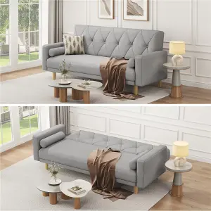 Yaheetech Light Grey Button-tufted Fabric 3-Seater Convertible Sofa Bed with 2 Bolster Pillows