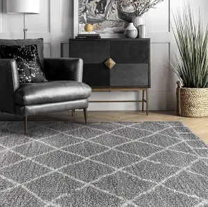 Modern Grey Geometric Marrakesh Shaggy Area Rug - 120x170 cm