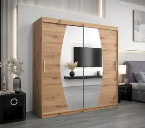 Elypse Contemporary 2 Mirrored Sliding Door Wardrobe 9 Shelves 2 Rails Artisan Oak Effect (H)2000mm (W)2000mm (D)620mm