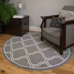 Grey Bordered Geometric Trellis Round Rug 160x160cm