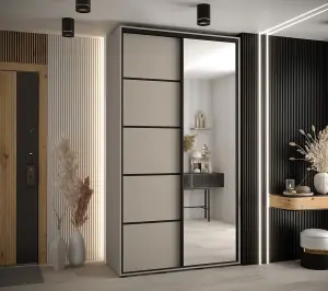 Elegant Dakota V Sliding Door Wardrobe W1400mm H2350mm D600mm with Mirrored Door in Cashmere & Black Finish