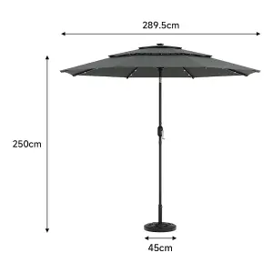 3-Tier Dark Grey Umbrella with Solar Lights and Concrete-Filled Patio Umbrella Stand