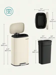 SONGMICS Kitchen Bin 30L, Pedal Bin, Rubbish Bin With Soft-Close Lid And Inner Bucket, Steel, Sand Beige