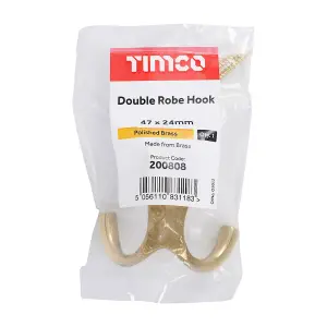 Timco - Double Robe Hook - Polished Brass (Size 47 x 24mm - 1 Each)