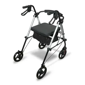 4 Wheeled Rollator - Foldable Height Adjustable Mobility Aid Walking Frame with Seat & Storage Bag - H81-105 x W57 x D90cm, Silver