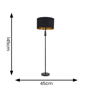 ValueLights Marissa Matt Black Stacked Ball Floor Lamp with Black/Gold Shade