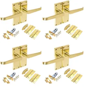 4 Set Victorian Straight Polished Brass Lever Latch Door Handles Sets with 2.5 " Latch and Standard Butt Hinges