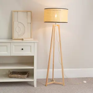 ValueLights Lottie Natural Wood Tripod Floor Lamp with Natural Woven Rattan Shade