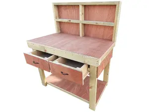 Wooden Eucalyptus hardwood top workbench, tool cabinet with drawers (V.1) (H-90cm, D-70cm, L-180cm) with back