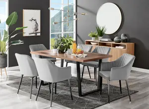 Furniturebox Kylo Brown Rectangular Wood Effect Dining Table & 6 Grey Velvet Calla Black Leg Chairs