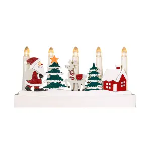 28cm Battery Operated Light up White Wooden Christmas Candle Bridge with Santa Scene and 5 LEDs