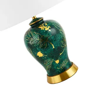 Vivid Emerald Green Ceramic Table Lamp Base with Gold Foil Flowers and Splashes