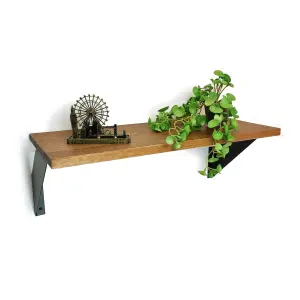 Solid Pine Rustical Shelf Medium Oak with Black FLAT Bracket 25x120cm