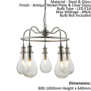 Ceiling Pendant Light - Antique Nickel Plate & Clear Glass - 5 x 6W LED E14