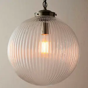 Hanging Ceiling Pendant Light BRASS & RIBBED GLASS Large Round Lamp Shade Holder