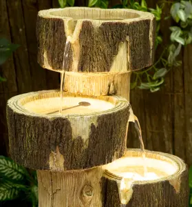 Primrose 3-Tier Log Cascading Patio Garden Water Feature with Lights for Indoor & Outdoor Use H75cm