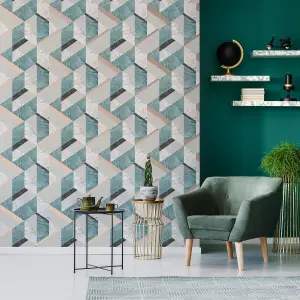 Fresco Marblesque Charcoal, jade & white Rose gold effect Geometric Smooth Wallpaper