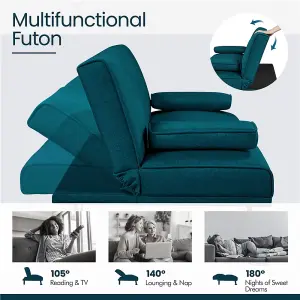 Yaheetech Aqua Blue Fabric Upholstered Convertible Futon Sofa Bed for Small Space