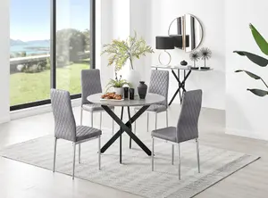 Furniturebox UK Novara Grey Concrete Effect Black Leg Round Dining Table & 4 Grey Velvet Milan Chairs