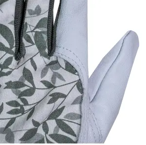 Mulch Leather Gardening Gloves Lavender & Green Leaf Design Spandex Stretch Medium Size 8 - 1 Pair