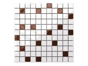 Ceramic mosaic with glass inserts on mesh for bathroom or kitchen 300mm x 300mm - White-brown