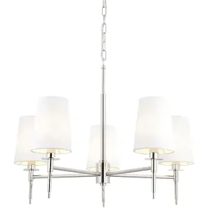 Multi Arm Hanging Ceiling Pendant Light - Bright Nickel Plate & Vintage White Fabric Shade - 5 x 6W LED E14