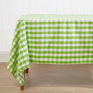 Homescapes Green Block Check Cotton Gingham Tablecloth, 137 x 228 cm