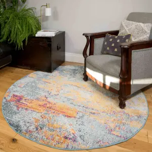 Navy Blue Ochre Multicolour Distressed Abstract Round Rug 120x120cm