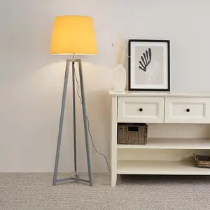 ValueLights Lottie Grey Wood Tripod Floor Lamp with Mustard Tapered Shade