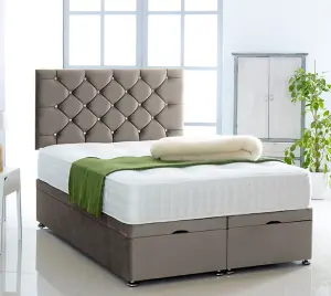 Grey Plush Foot Lift Ottoman Bed With Memory Spring Mattress And Studded Headboard 6.0 FT Super King