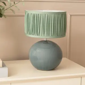 ValueLights Bosco Eucalyptus Ceramic Table Lamp with Ruched Pleated Green Fabric Drum Lamp Shade and LED Bulb