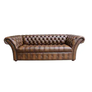 Chesterfield 3 Seater Buttoned Seat Sofa Antique Tan Real Leather In Balmoral Style