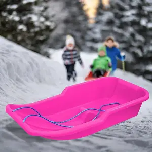 Set of 2 Kids Heavy Duty Pink Snow Sledges - For Kids and Adults, Winter Toboggan Sleigh Sled With Rope