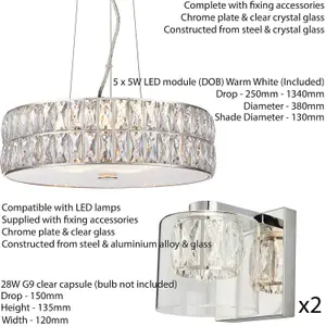 5 Bulb Ceiling Pendant & 2x Matching Wall Mount Light Chrome & Crystal Glass