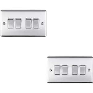 2 PACK 4 Gang Quad Metal Light Switch SATIN STEEL 2 Way 10A White Trim