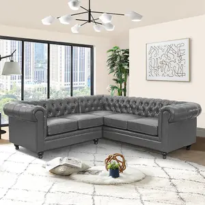 Hertford Chesterfield Faux Leather Corner Sofa In Vintage Grey