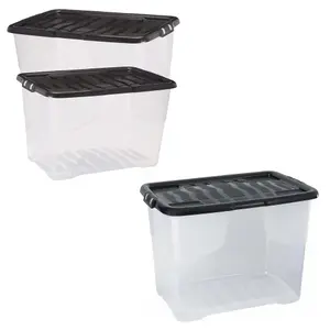 3 x Stackable & Strong Durable 80 Litre Curve Plastic Storage Boxes With Black Lids For Home & Office