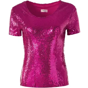 Short Sleeve Sequin Top - pink S