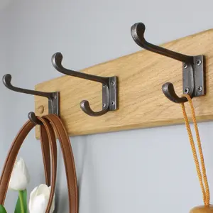 Handcrafted Solid Oak Coat Rack with Cast Iron Hooks 750mm - 5 Hooks