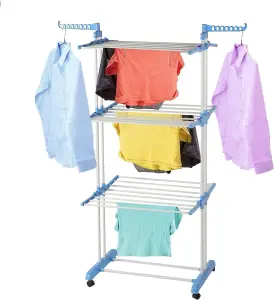 MantraRaj 3 Tiers Folding Portable Clothes Airer 18M Laundry Drying Clothes Rack Clothing Horse Garment Dryer Stand on Wheel