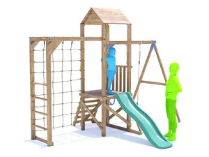 Dunster House Climbing Frame with Swing, Slide, Bars & Net BalconyFort Low Platform