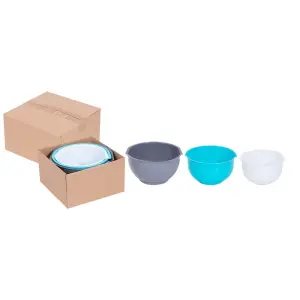 Set of 3 Kitchen Mixing Bowls 2.5L 2L 1.5L Large Plastic Bowls Blue Grey White