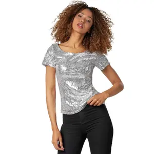 Short Sleeve Sequin Top - silver M