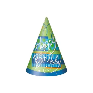 Unique Party Bright Happy Birthday Party Hats (Pack of 8) Green/Blue/White (One Size)