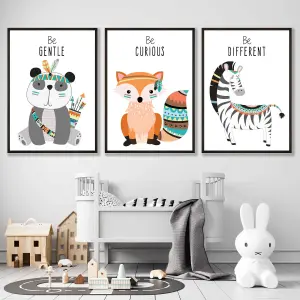 Set of 3 Framed Tribal Animal Quote Kids Wall Art / A2 (42x59.4cm) / Black Frames