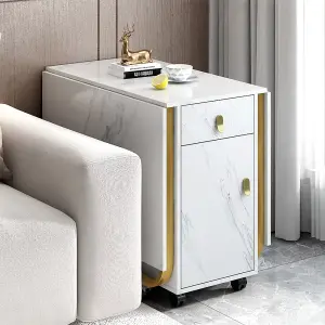 Folding Dining Table with Cupboard and 2 Drawers,  Space-saving Dining Table with 4 Supporting Legs on Gliders, White/Gold