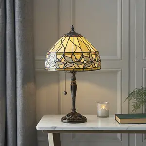 Small Tiffany Glass LED Table Lamp - Floral Border Design - Dark Bronze Finish