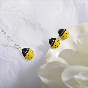 Yellow Ladybug Stud Earrings Pendant Necklace Set For Women Sweet Cartoon Animal Jewelry Set Birthday Gift For Wife