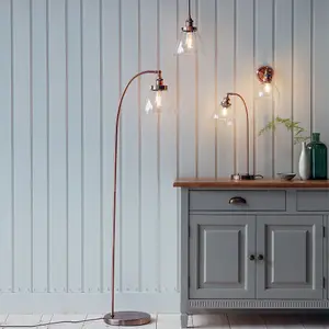 Curved Arm Floor Lamp Aged Copper Tall Free Standing Metal Retro Reading Light